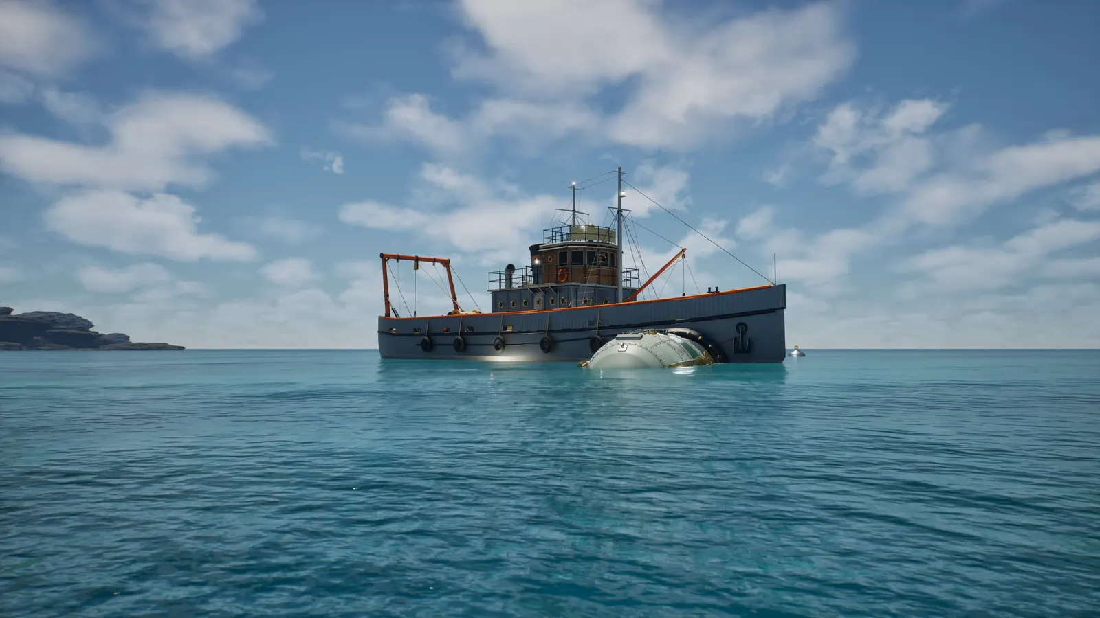 The tender under way on open water, a submersible hanging from her stern