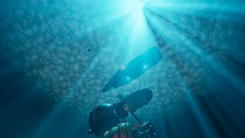 A submersible descending through sunbeams