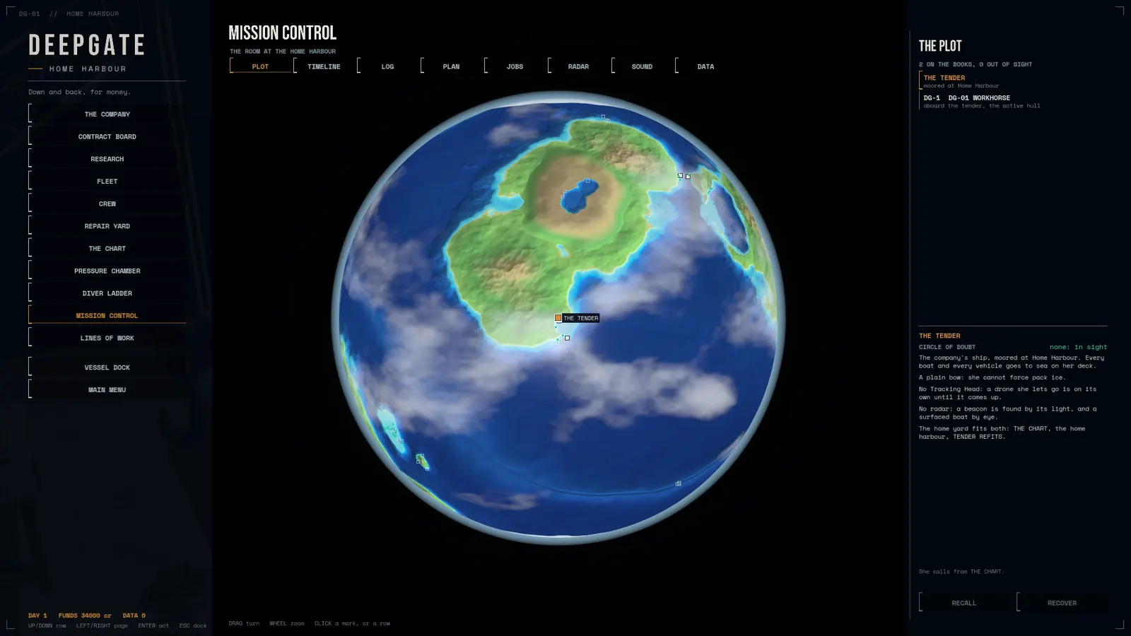 Mission Control: the island of Brinn on a globe with the dive plotted